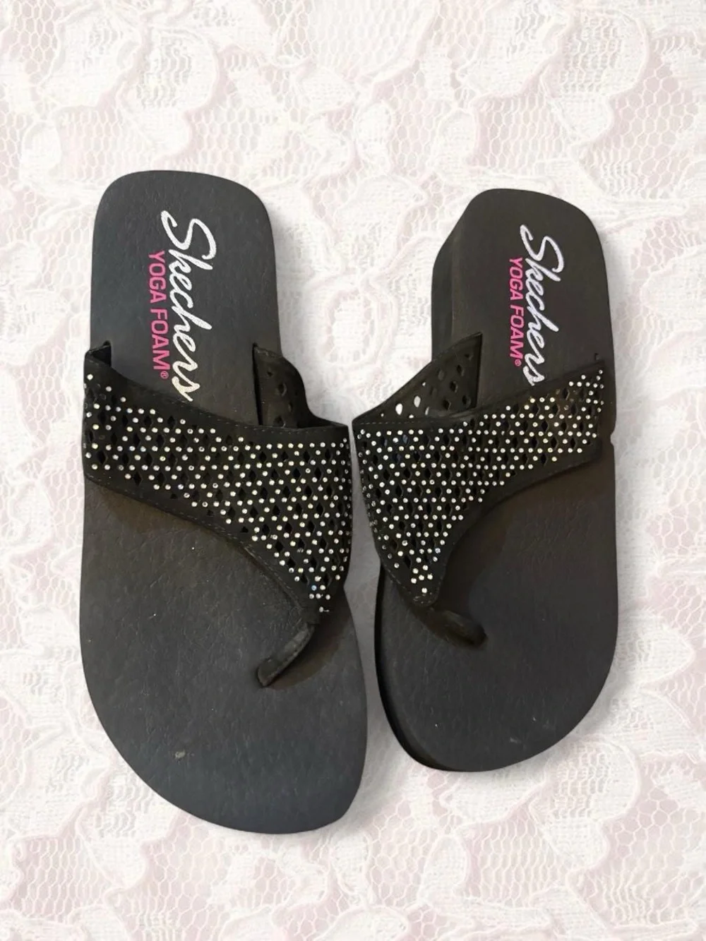Skechers Black Rhinestone Yoga Foam Flip Flop Sandals